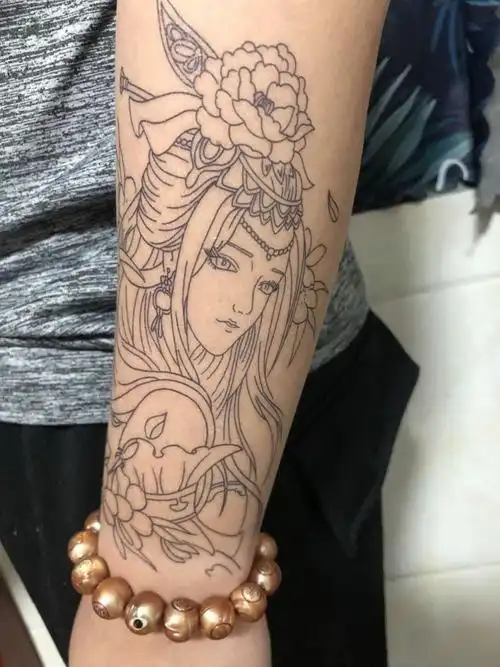 款纹身贴半臂割线艺伎落泪艺伎线条艺伎防水男女社会纹身贴半臂纹身贴