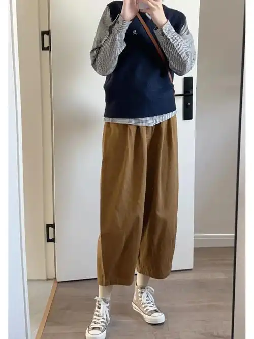 卡其色复古梭织棉麻休闲裤女日系九分高腰阔腿裤春秋小个子萝卜裤