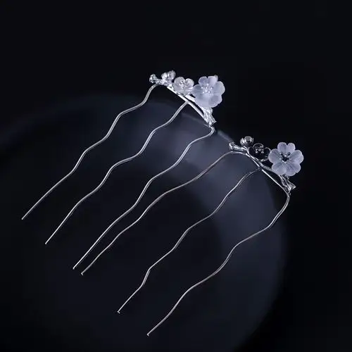 银迷设计 水晶梅花s925银发簪古典中国风古风复古汉服宫廷发钗子