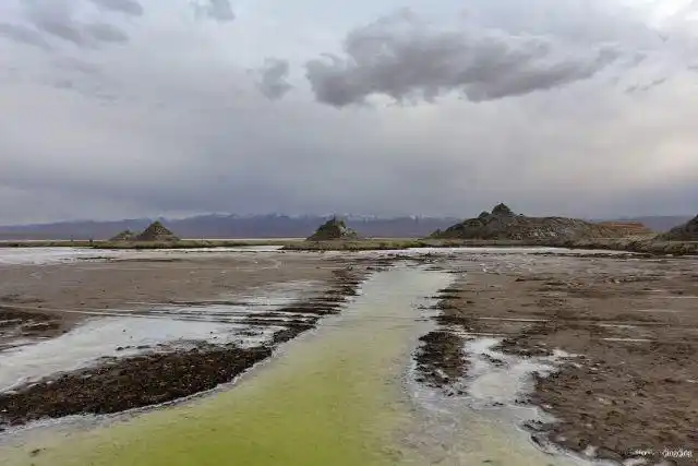 盐卤水在盐雕中蜿蜒而过,结晶出的盐就在干燥的池沼中,随处可见.