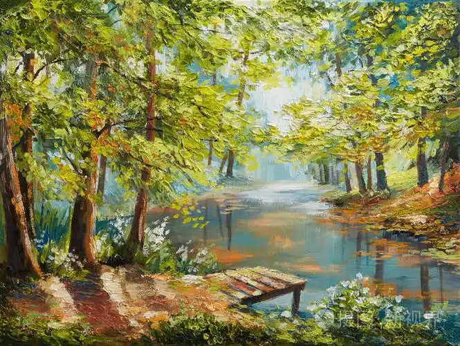 油画风景-秋天的树林,河边,橙叶