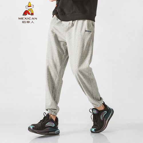稻草人运动裤男2021春秋新款鲸鱼刺绣束脚裤宽松卫裤男跑步裤 浅灰色