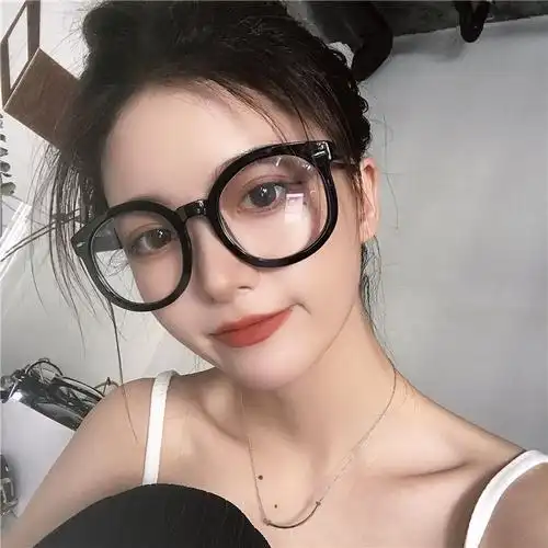 韩国黑色粗框简约百搭文艺懒人素颜凹造型平光眼镜框女大圆脸显瘦 黑