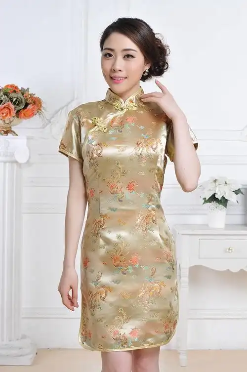 龙凤短旗袍 女士唐装夏装礼服斜襟短袖织锦缎演出服旗袍裙