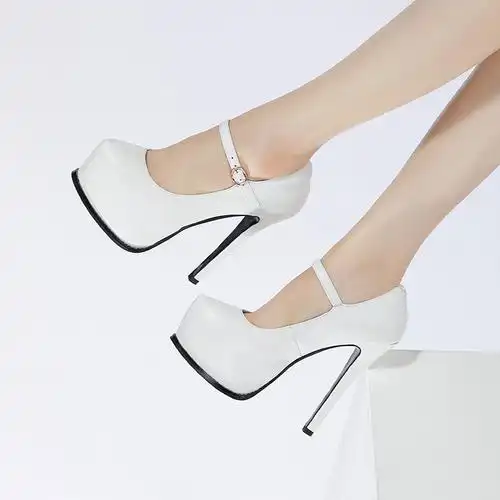 春秋新款真皮超高高跟鞋防水台恨天高白色走秀单鞋