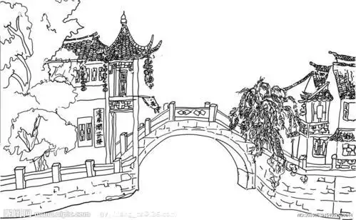 古镇风景素描简笔画