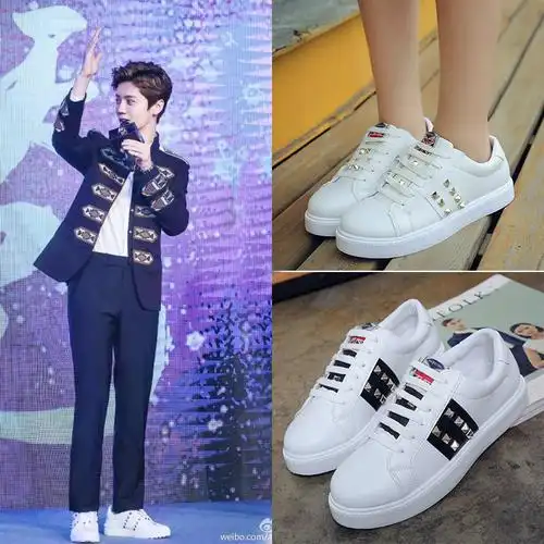 鹿晗同款鞋子夏季透气皮面帆布鞋女韩版中学生板鞋厚底松糕小白鞋