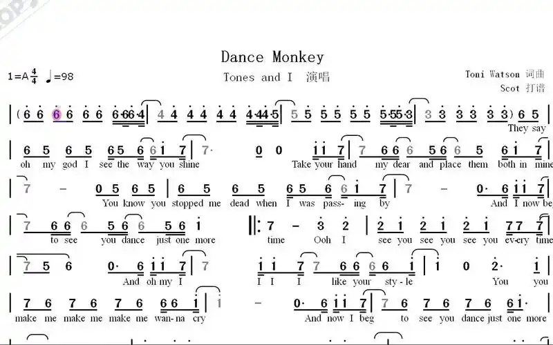 【欧美神曲,魔性嗓音】dance monkey(toni watson演唱)--动态简谱