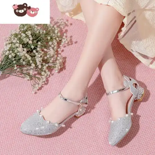 绿彩虹光公主鞋女童包头凉鞋女孩水晶鞋儿童皮鞋高跟鞋走秀演出鞋礼服