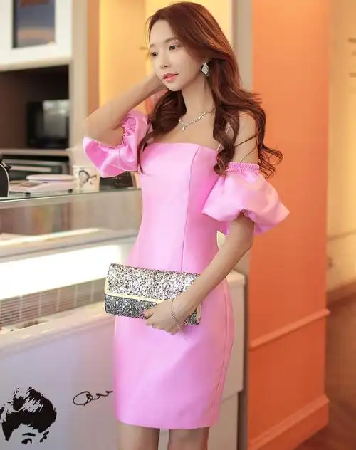(特惠)玫粉色裸肩修身连衣裙