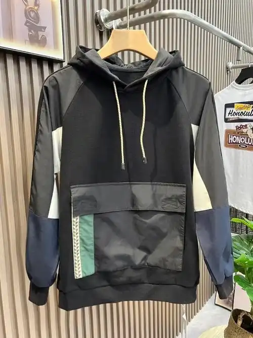 潮牌休闲连帽工装卫衣男春秋款韩版潮流时尚拼色口袋宽松套头上衣