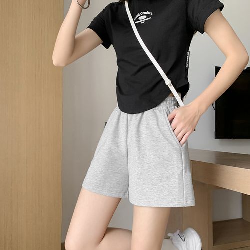 夏季超短款纽约刺绣松紧裤bm自然腰运动休闲短裤女已售100新品天猫