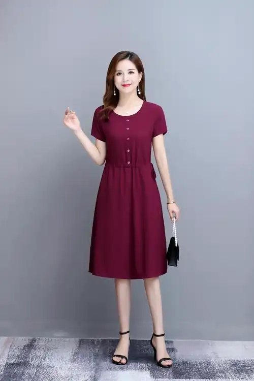 夏季连衣裙洋气40岁妈妈气质莫代尔短袖长裙高贵中年人过膝a字裙