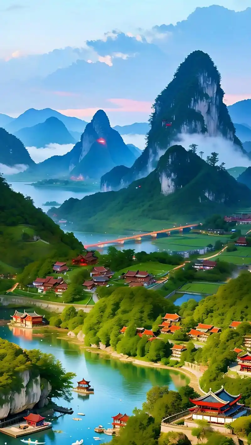 人间仙境世外桃源江南小镇,春天的桂林山水美景,青山绿水,红色 - 抖音