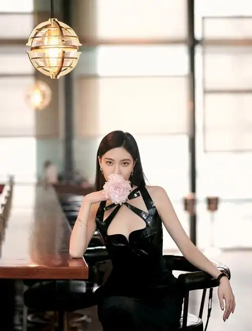 宋妍霏穿暗黑系丝绒长裙 胸前镂空设计极致性感