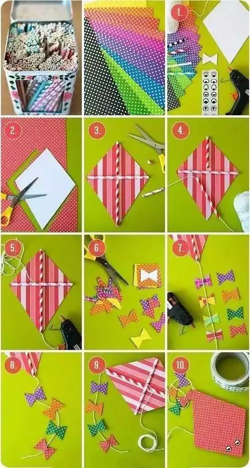 塑胶管或细木棒均可),针线,剪刀,胶布,颜料,画笔,风筝线制作步骤:确定