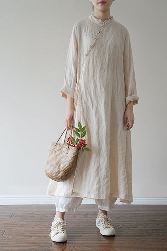 文言棉麻女装宽松中国国风花边连衣裙苎麻中式连衣裙
