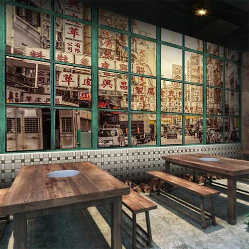怀旧港风街景壁纸奶茶复古饭店香港招牌烧烤店港式茶餐厅背景墙纸