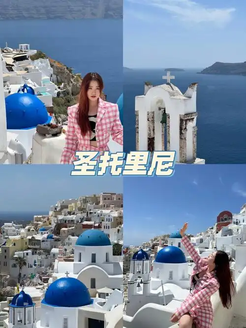 希腊圣托里尼蓝顶教堂与爱琴海