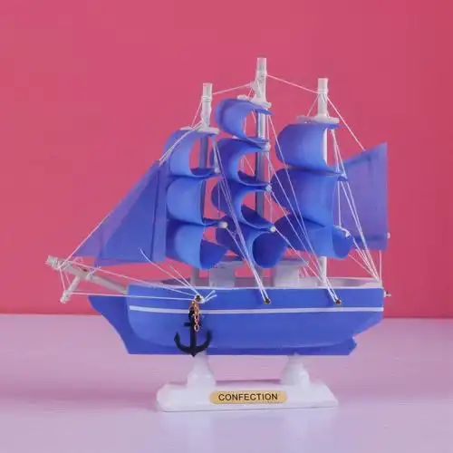 10cm蓝条帆布小帆船模型摆件蛋糕装饰木质工艺品船一帆风顺创意生日