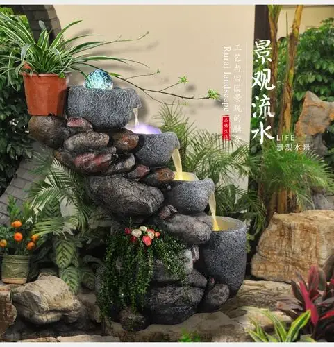 菲落 假山流水喷泉小型鱼池顶楼阳台装饰花园布置庭院循环造景景观