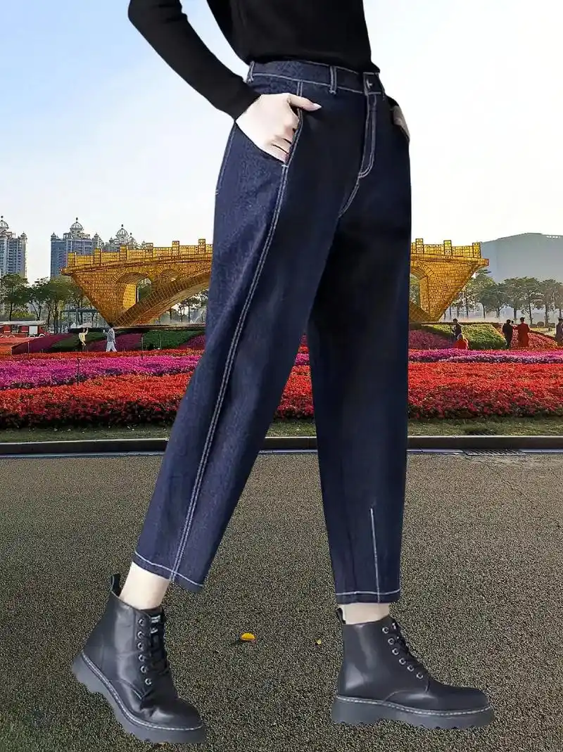 新款大码女裤78秋冬必备78.我的深蓝色牛仔哈伦裤太好看啦!