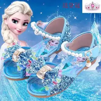 高跟鞋小女孩凉鞋中大童软底防滑鞋子爱莎水晶鞋5030a5蓝色30码19cm