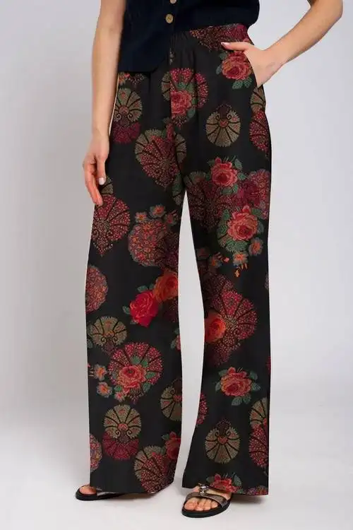 外贸女裤跨境货源欧美亚马逊碎花休闲裤女棉麻宽松直筒高腰长裤女