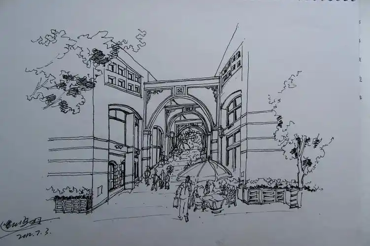 钢笔画建筑风景手绘线稿