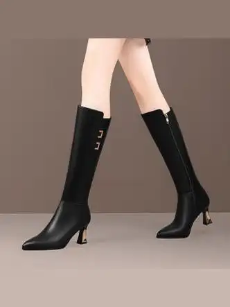 shihokoo粗跟不过膝长筒靴高跟高筒靴时尚显瘦中筒尖头骑士靴子女黑色