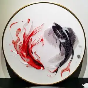 新中式风格太极鱼80圆铝合金边框纯手工刺绣玄关走廊过道成品挂画