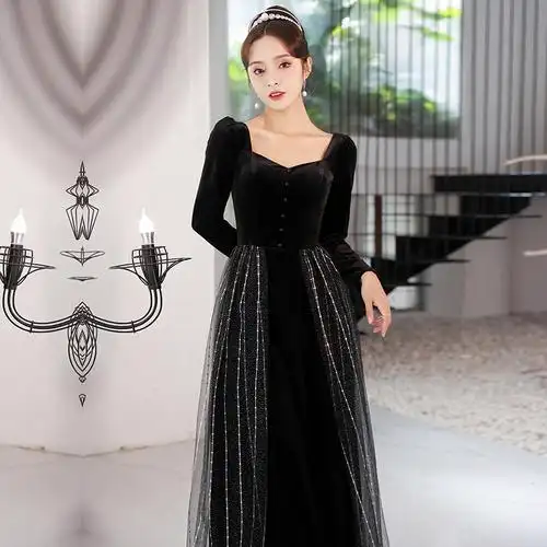 黑色晚礼服裙女新款2021爆款长袖宴会气质方领长款设计感高级年会