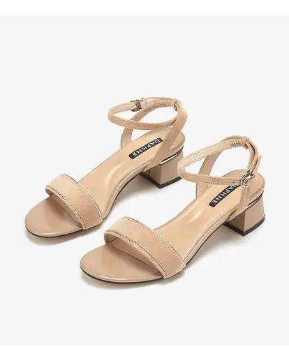 daphne/达芙妮2020夏季新款绒面一字带时装粗跟凉鞋 杏色146 39