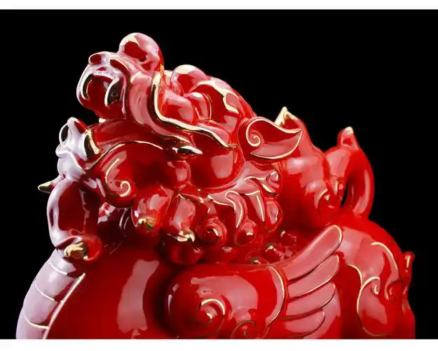 安天亲民 红色镀金陶瓷貔貅摆件大号一对招财镇家宅转运家居公司开业