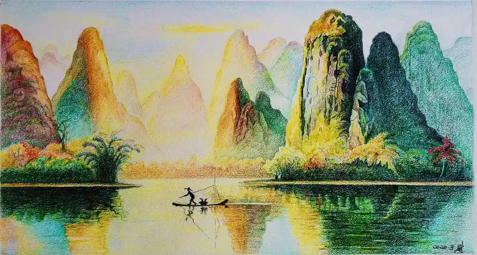 彩色铅笔画,《桂林山水甲天下》