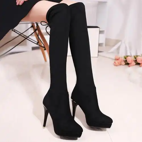 长靴细跟绒面防水台过膝弹力黑色靴超高跟百搭圆头高筒女靴子冬款