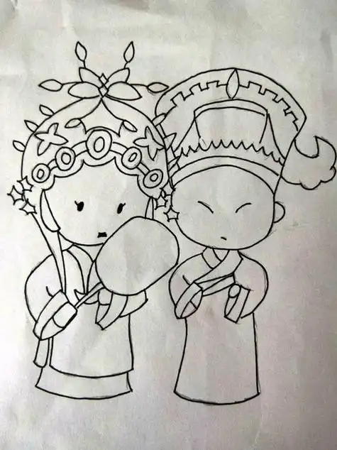 京剧卡通形象 旦角卡通图片京剧脸谱黑白水笔画涂色国潮素材简笔画