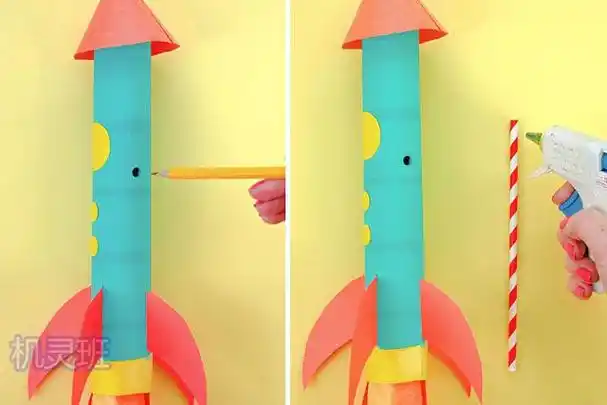 1,将厨房纸筒刷成你喜欢的颜色,放一边晾干后使用,这作为火箭的主体