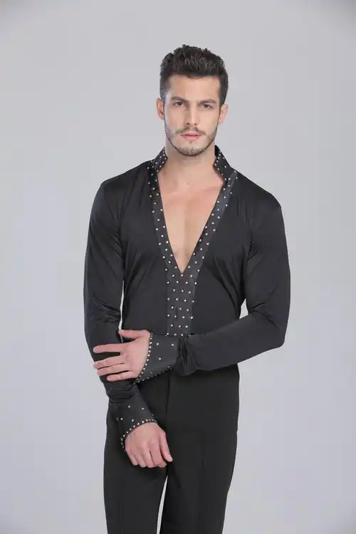 丹凯拉丁舞表演上衣成人男镶钻比赛服表演服立领深v领马蹄男上衣