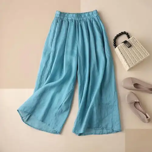 苎麻阔腿裤夏季薄款女士高腰垂感大码宽松棉麻女装小个子大脚裤子