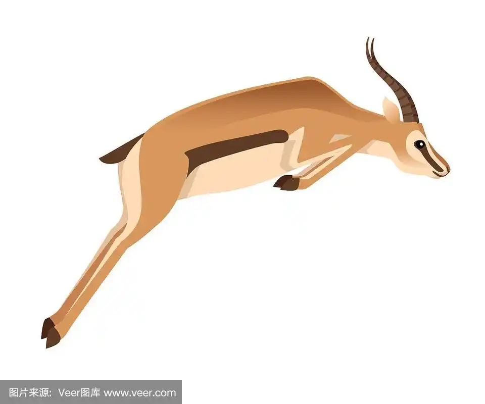 非洲野生黑尾瞪羚长角卡通动物设计平面矢量插图在白色背景侧视图羚羊