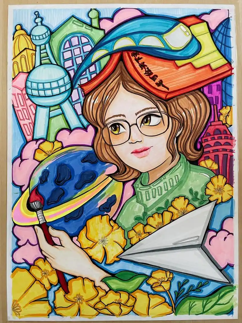 "我的梦想"主题马克笔示范画 一支画笔闯世界的梦想为构图思路,结合