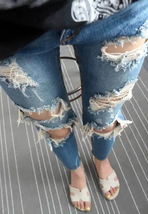 韩国品牌专柜个性夸张大破洞乞丐女士小脚牛仔裤潮破洞牛仔裤女夏