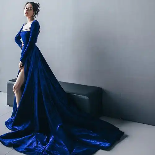 迪丽热巴明星同款蓝色丝绒开叉拖尾高端宴会晚礼服长袖气质连衣裙