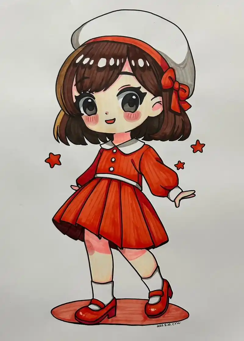 红裙子女孩.#一起学画画 #q版人物 #漫画女孩 #马克笔手 - 抖音