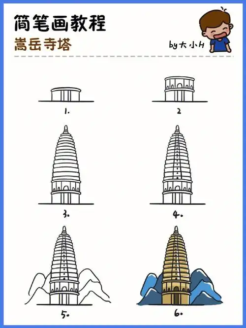 如何画嵩岳寺塔地标建筑简笔画教程17