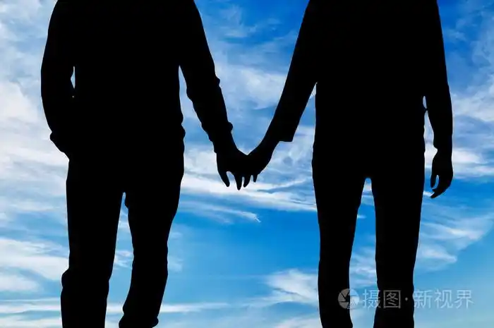 剪影快乐同性恋男子手牵着手