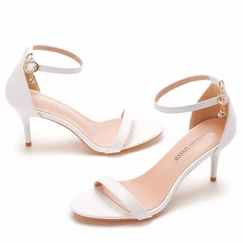 7厘米白色高跟凉鞋浅口一字带鞋细跟鱼嘴罗马凉鞋白色婚鞋凉鞋女