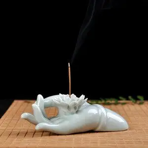 佛手莲心线香插 景德镇陶瓷青润荷花沉香檀香立底座 禅意家居摆件