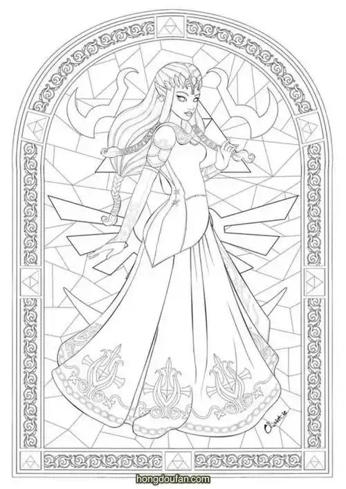 彩色玻璃上的公主武士在线涂色图片大全-红豆饭小学生简笔画大全